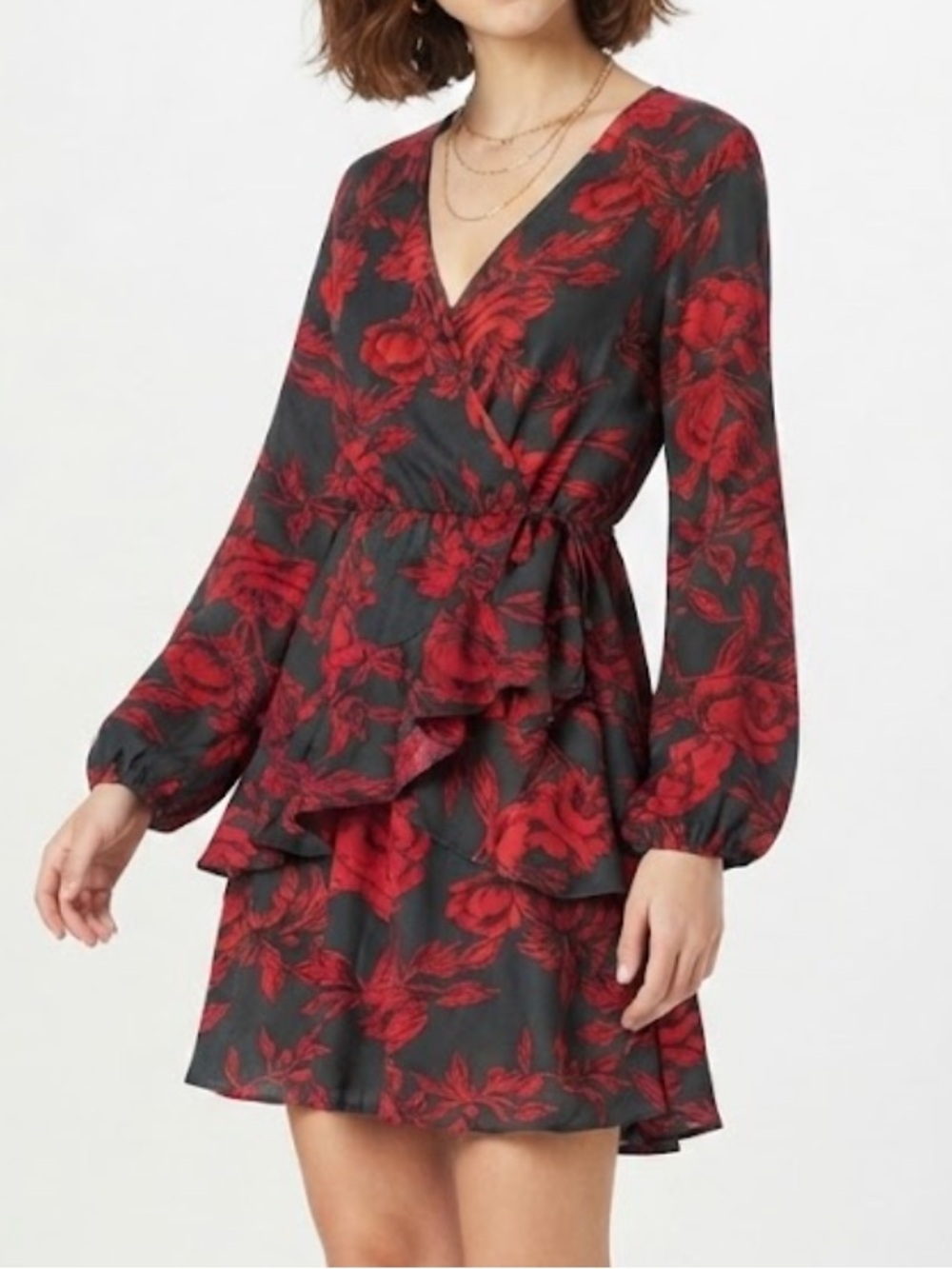 NWT Uguest Women’s Y2K Floral Wrap Long-Sleeve Dress in Red